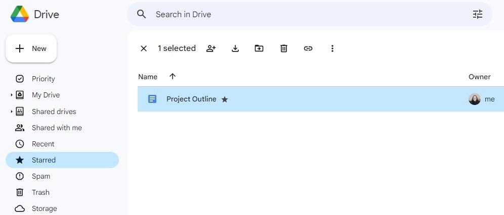 Screenshot of Google Drive, showing the Starred tab in the the navigation panel open