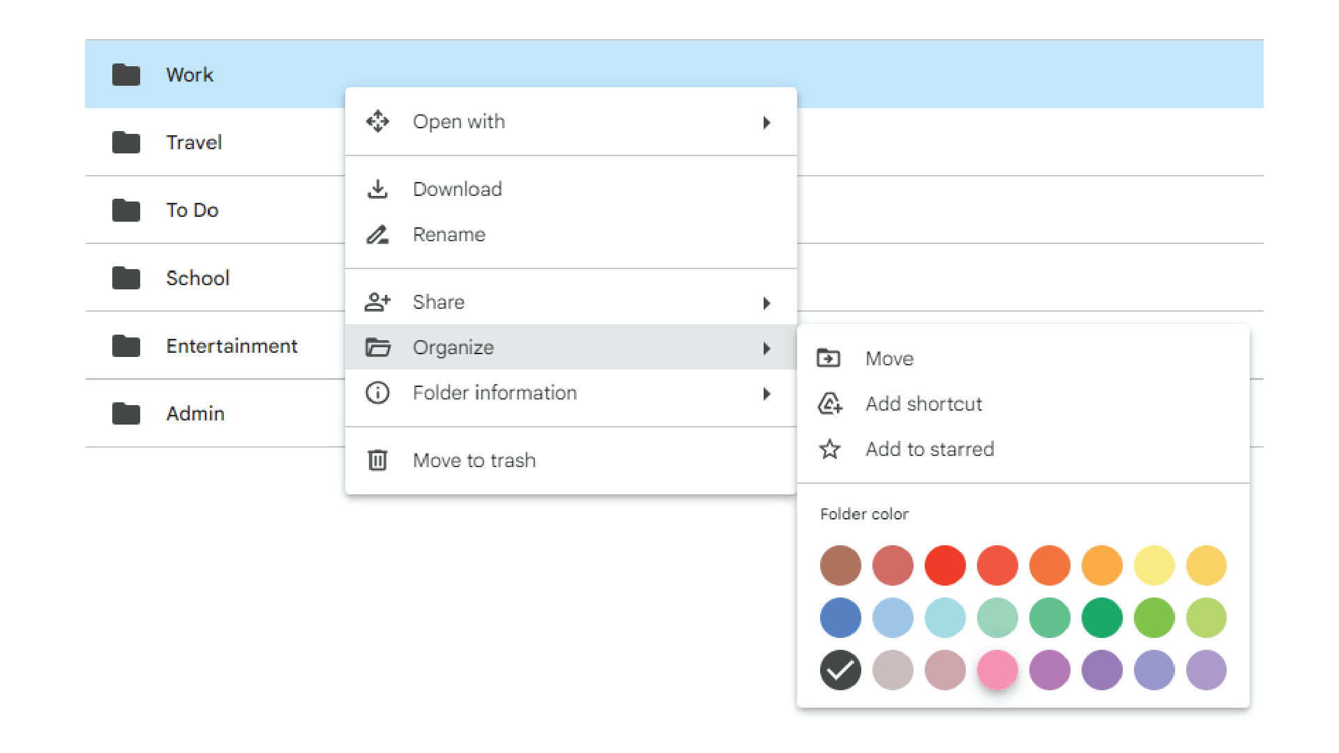 Screenshot of Google Drive with the options menu for a file open with colour menu open