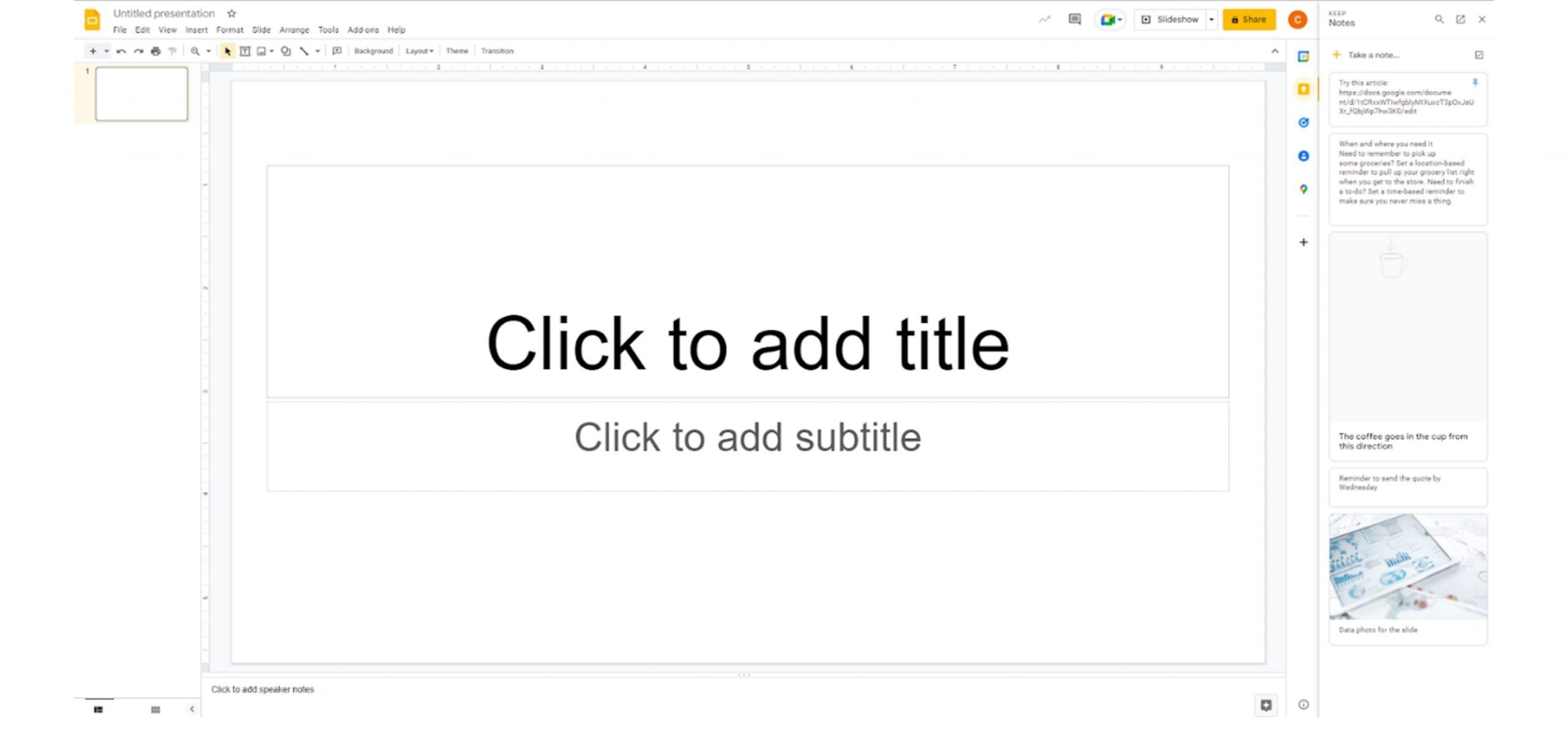 Screenshot of Google Slides with the Google Keep notes open