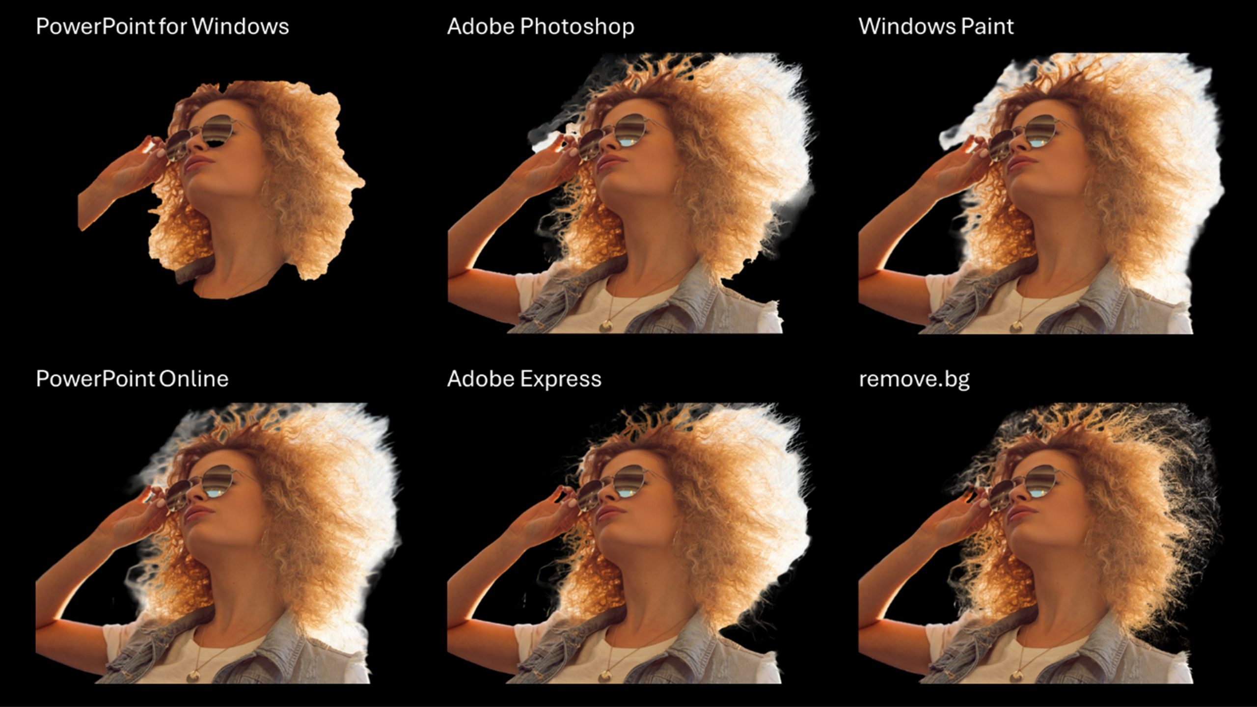 the same image of a woman with curly hair and sunglasses is repeated 6 times, each with the background removed by a different tool. 