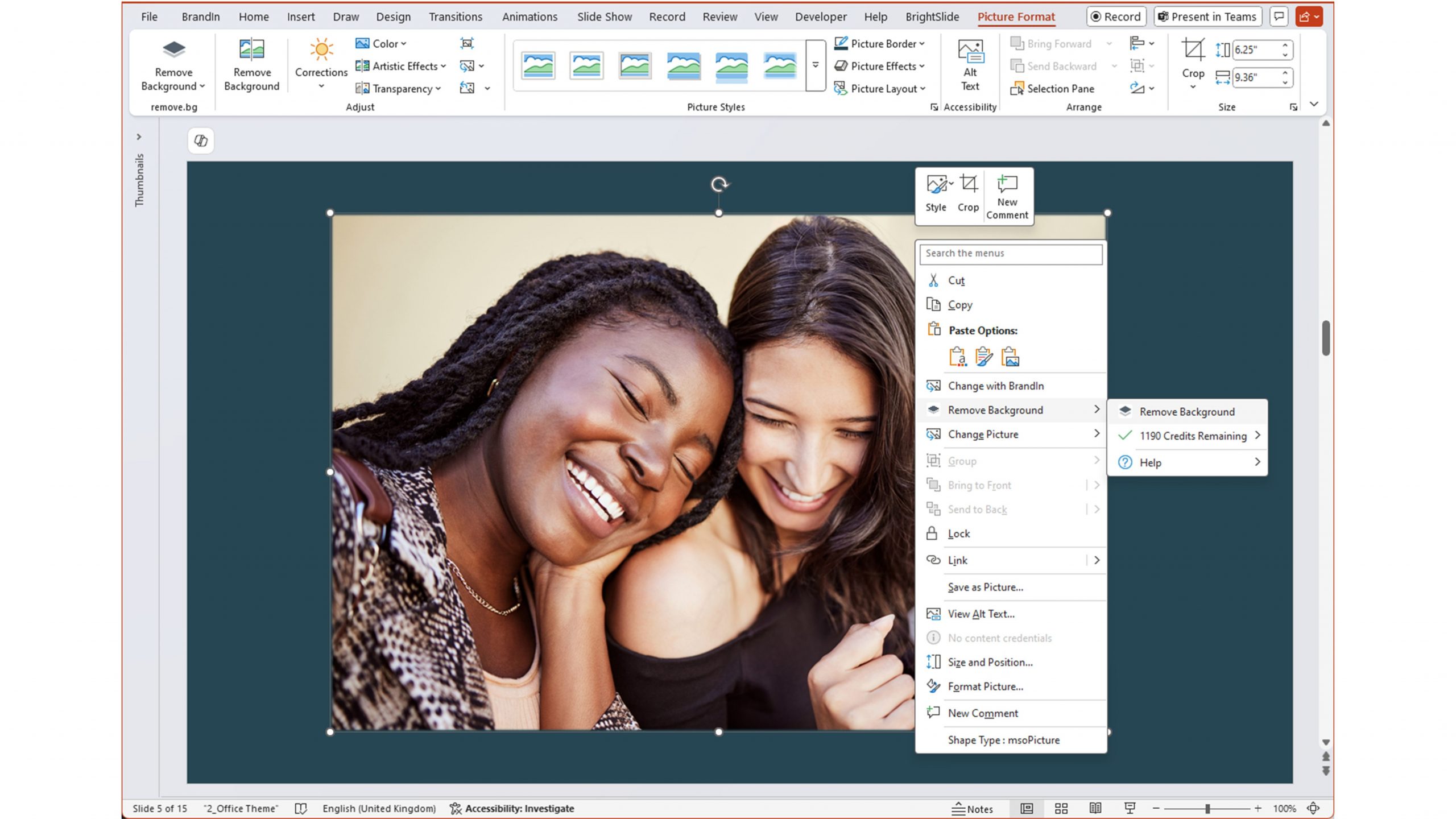 screenshot showing where the AI background removal tool is in PowerPoint