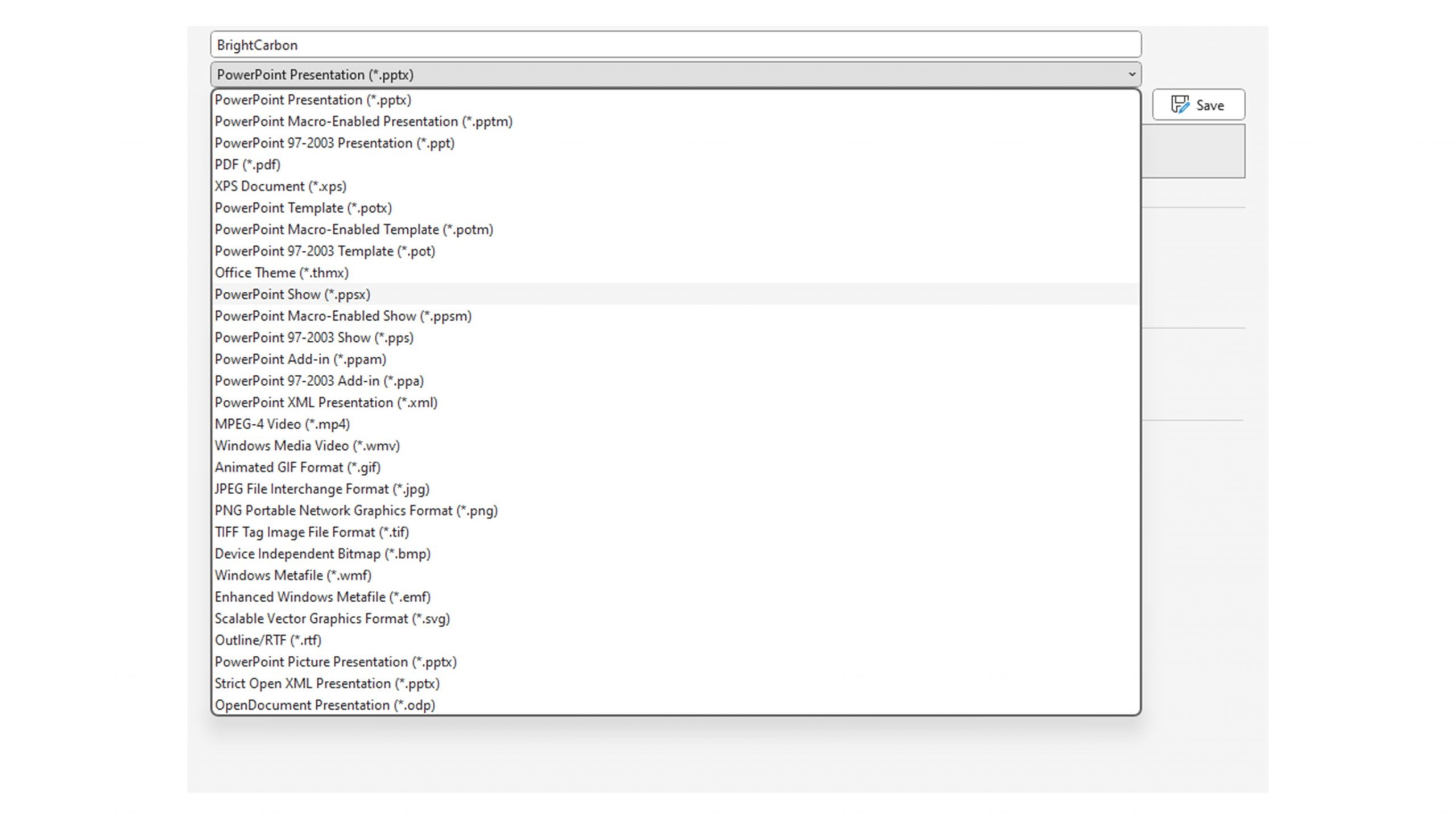 Screenshot showing where to find the PowerPoint show file type in Save As