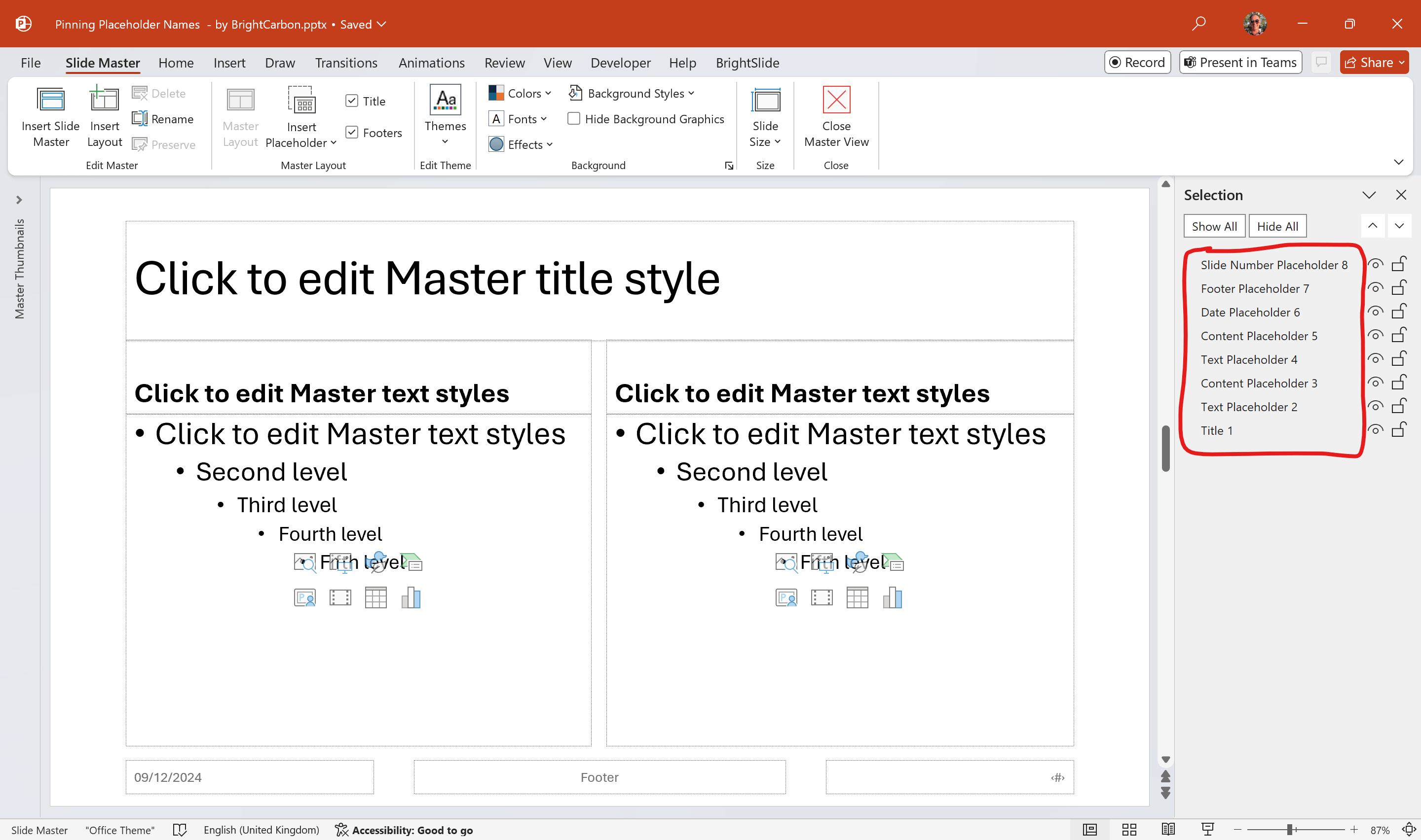 screenshot of PowerPoint layout showing placeholder names in the selection pane