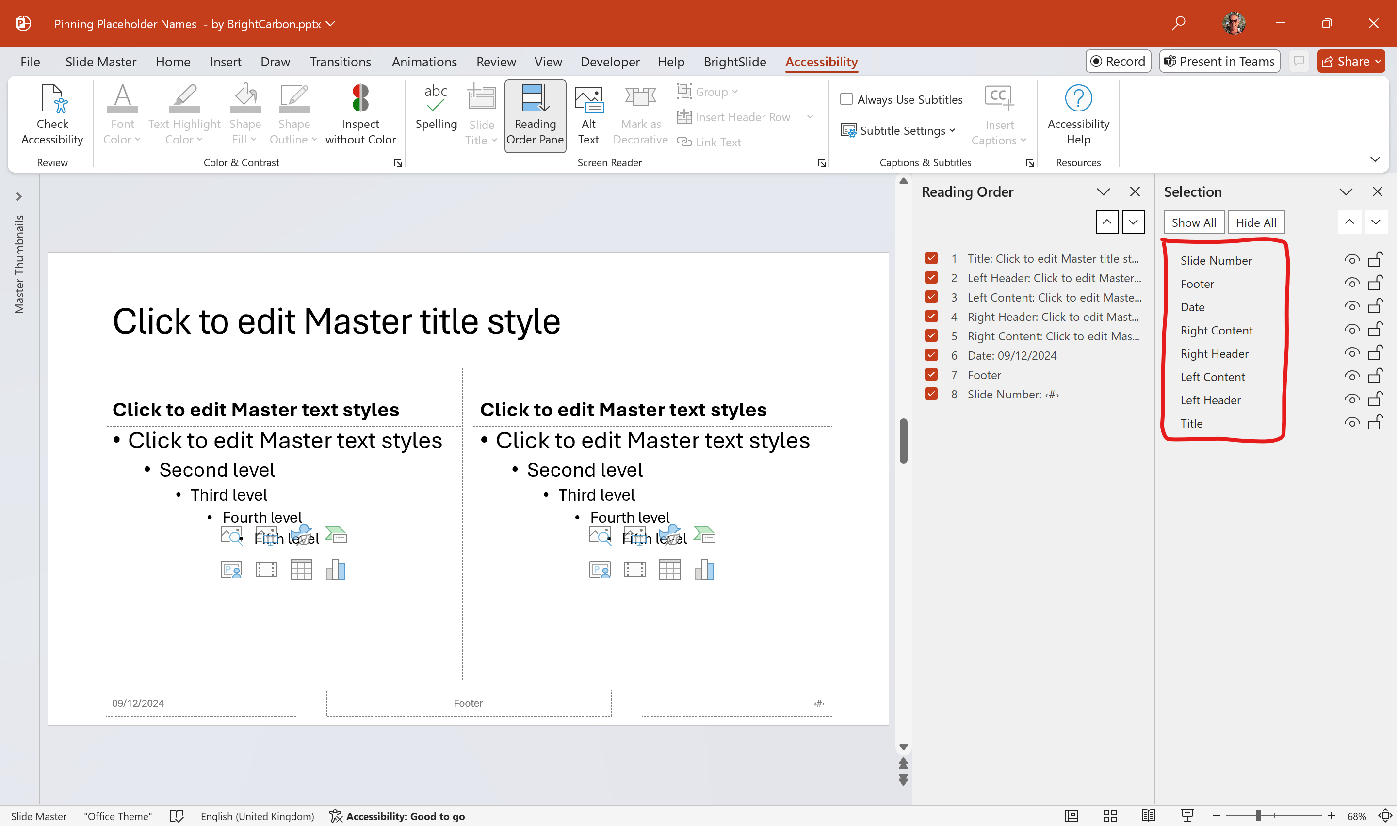 screenshot of PowerPoint master showing useful placeholder names in the selection pane