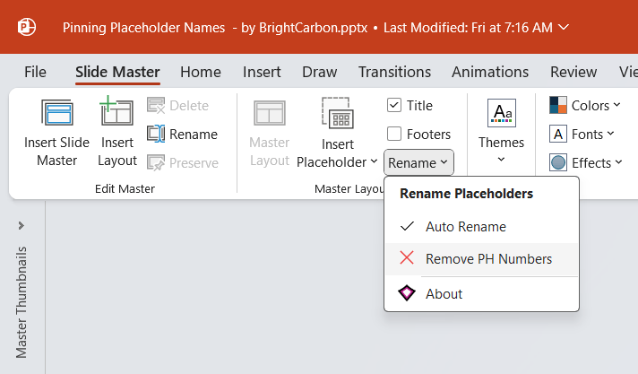 Screenshot of the Rename Placeholders menu in the Slide Master view of PowerPoint