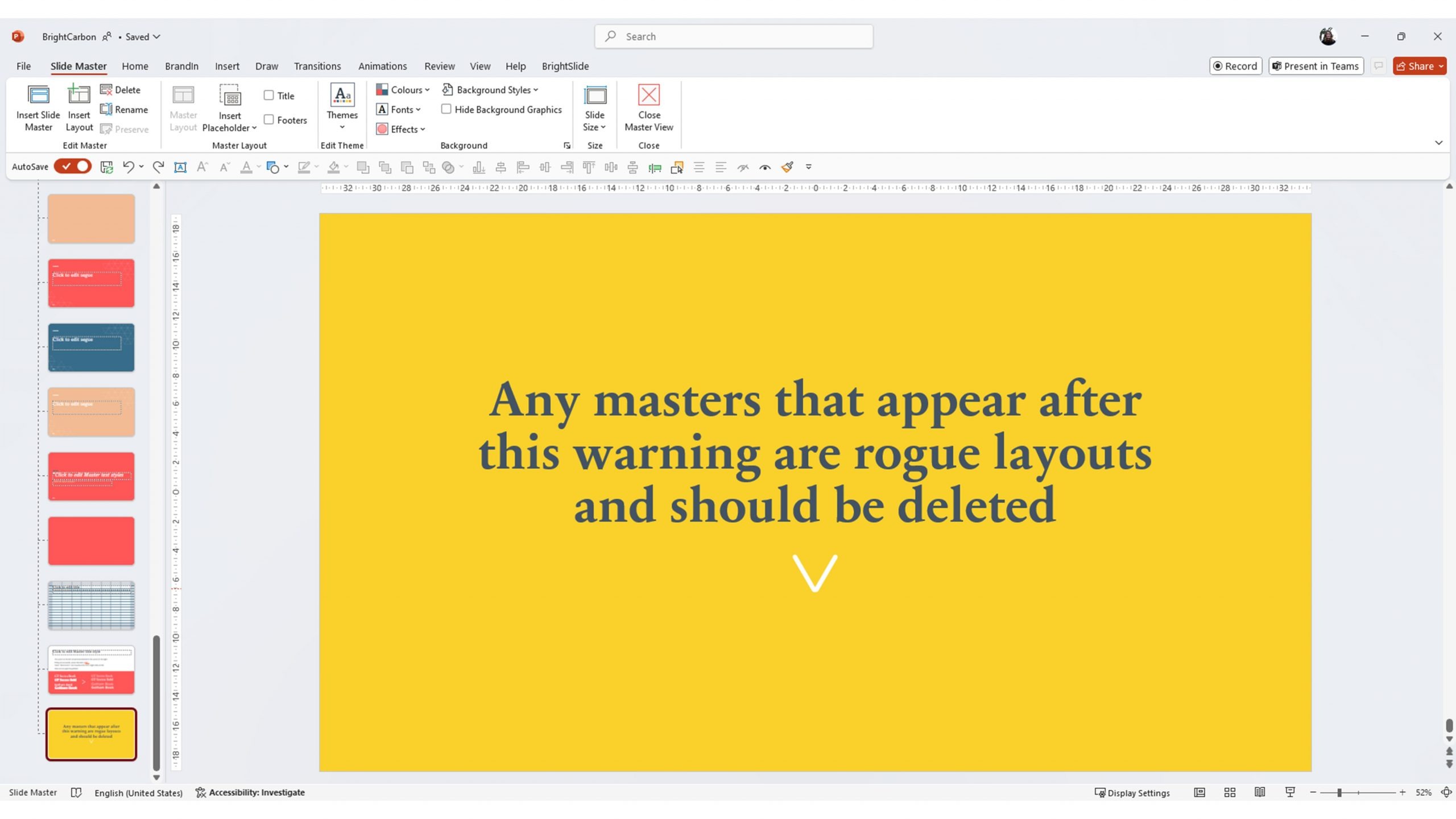 screenshot of PowerPoint showing the end slide of the template with the instruction to delete any layouts after this slide. 