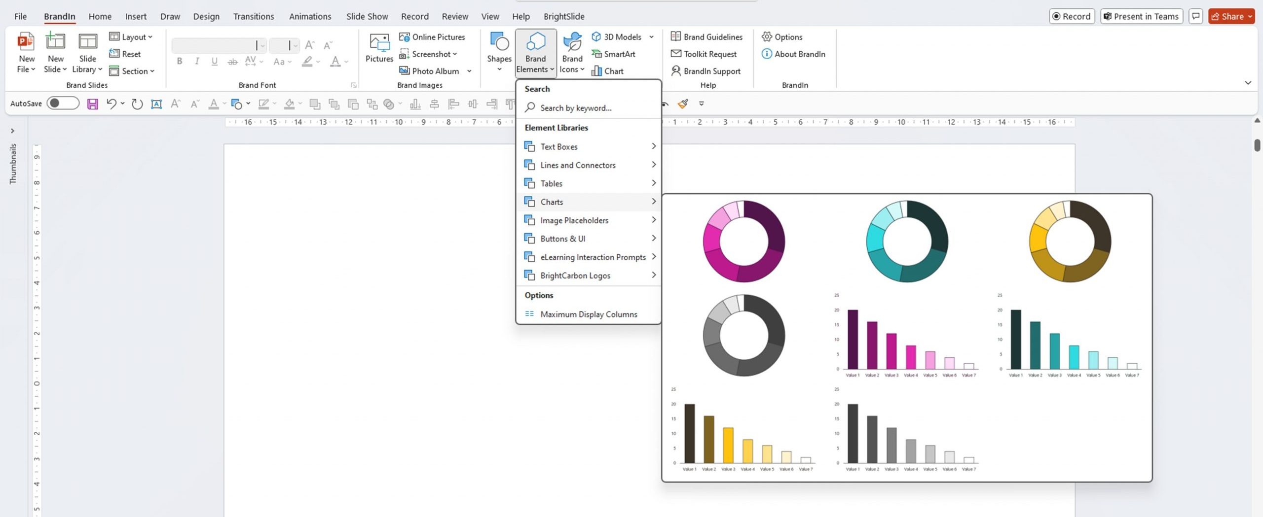 Screenshot of PowerPoint showing the BrandIn tab and the Brand Assets drop down. There are several graphics shown all in the BrightCarbon colours. 